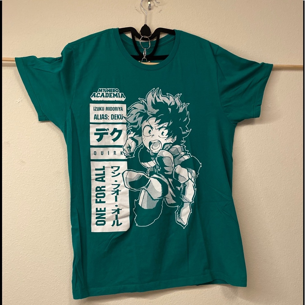 My Hero Academia Deku Japanese Hero Profile Mens T-Shirt Green Cotton Size L